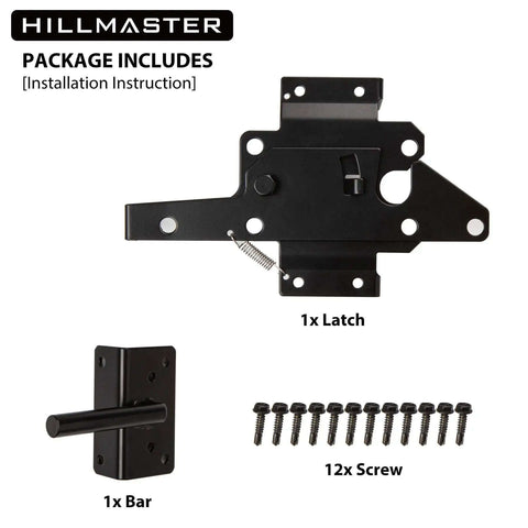 Package contents of Beefy Heavy Duty Self Locking Gate Latch For Wooden Fence Post Mount Automatic Gate Lock include latch, bar, and screws.