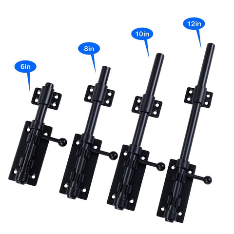Various sizes of black barrel bolt slide locks, including Heavy Duty 6.3 Inch Gate Latch Barrel Bolt Slide Lock in Solid 304 Stainless Steel