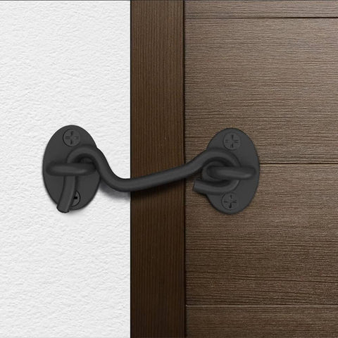 Barn Door Lock Gate Latch - 2 Pack 4 Inch Black Hook and Eye Latch installed on a wooden door for security