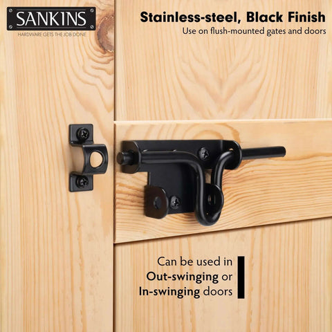 Heavy Duty Black Slide Bolt Gate Latch For Wooden Fences And Vinyl Gates With Padlock Hole installed on wooden door