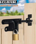 Heavy Duty Slide Bolt Gate Latch With Padlock Hole Bidirectional Door Lock Hardware on a wooden fence in black finish