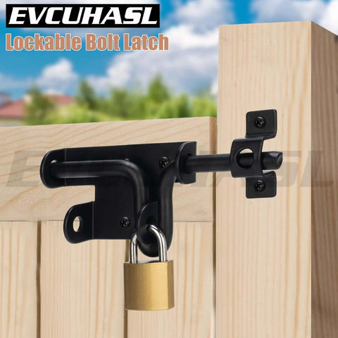 Heavy Duty Slide Bolt Gate Latch With Padlock Hole Bidirectional Door Lock Hardware on a wooden fence in black finish