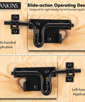 Heavy Duty Black Slide Bolt Gate Latch For Wooden Fences And Vinyl Gates With Padlock Hole displayed in dual right and left-handed installation.