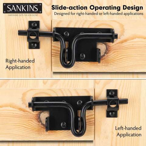 Heavy Duty Black Slide Bolt Gate Latch For Wooden Fences And Vinyl Gates With Padlock Hole displayed in dual right and left-handed installation.