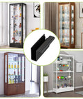 Glass Finger Edge Pull Set Four Pieces Non Magnetic For 5 To 6mm Thick Glass Cabinets in black, shown with various display cabinets