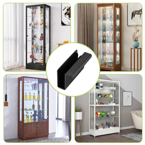 Glass Finger Edge Pull Set Four Pieces Non Magnetic For 5 To 6mm Thick Glass Cabinets in black, shown with various display cabinets