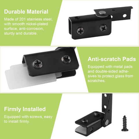 Close-up of 8 Pack Frameless Glass Door Pivot Hinges Clamp for 5 to 8mm glass, showcasing durable black anti-slip rubber pads in use.
