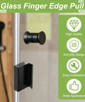 Black glass finger edge pull handle installed on a transparent door, showcasing anti-slip design and high quality.