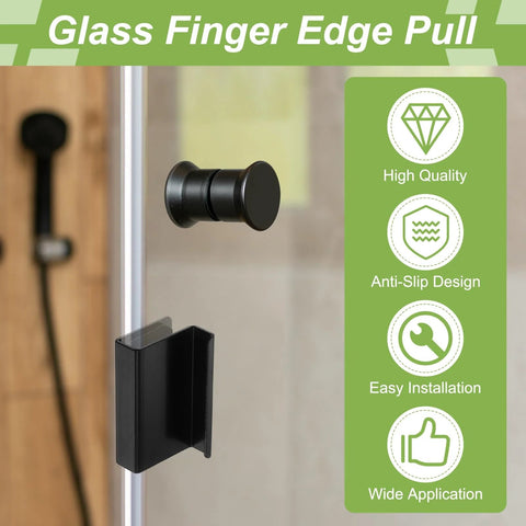 Black glass finger edge pull handle installed on a transparent door, showcasing anti-slip design and high quality.