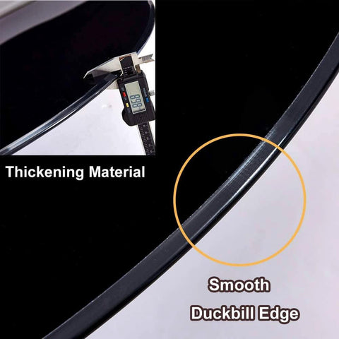 Close-up of Heavy Duty Black Glass Lazy Susan Turntable showing thickening material and smooth duckbill edge with digital caliper measurement.