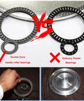Heavy Duty Black Glass Lazy Susan Turntable with double force needle roller bearings vs ordinary plastic bearings comparison.