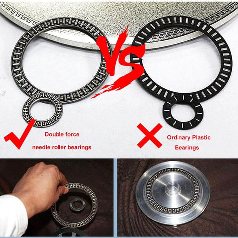 Heavy Duty Black Glass Lazy Susan Turntable with double force needle roller bearings vs ordinary plastic bearings comparison.
