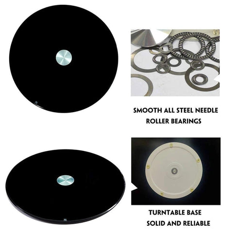 Heavy Duty Black Glass Lazy Susan Turntable with silent bearings, smooth rotating serving tray, sturdy base, perfect for tables.