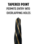 Tapered point of bridge reamer, black and gold finish, 5/8 inch diameter, for quick hole alignment in tight spots.
