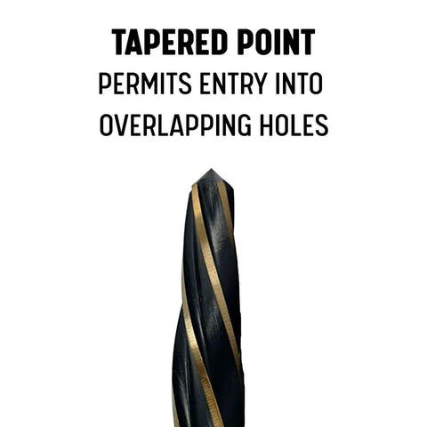 Tapered point of bridge reamer, black and gold finish, 5/8 inch diameter, for quick hole alignment in tight spots.