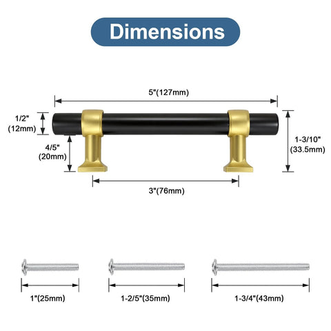 10 Pack 3 Inch Black And Gold Cabinet Pulls For Kitchen Cupboards, Bathrooms And Dressers with dimension details.