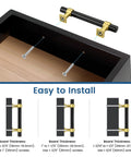 Installation guide for 10 Pack 3 Inch Black And Gold Cabinet Pulls for kitchen cupboards, bathrooms, and dressers with screws.