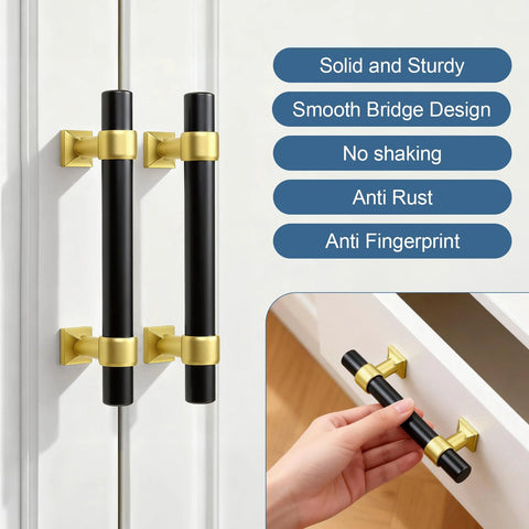 10 Pack 3 Inch Black And Gold Cabinet Pulls For Kitchen Cupboards, Bathrooms And Dressers, shown installed on white doors.
