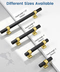 10 Pack 3 Inch Black And Gold Cabinet Pulls For Kitchen Cupboards, Bathrooms And Dressers in various sizes, side view display.