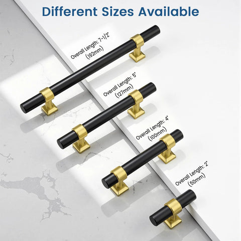 10 Pack 3 Inch Black And Gold Cabinet Pulls For Kitchen Cupboards, Bathrooms And Dressers in various sizes, side view display.