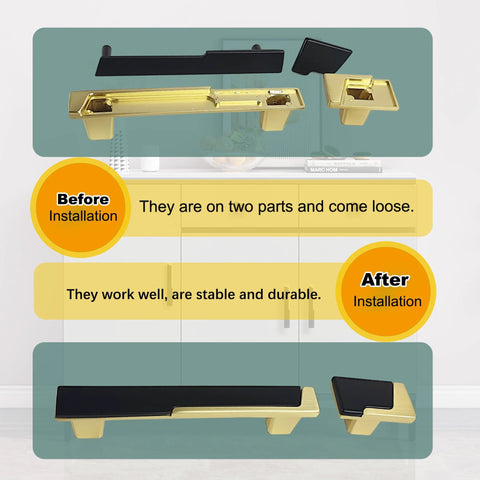 Six Pack Black and Gold Drawer Knobs 1.5 Inch Solid Zinc Cabinet Knobs shown before and after installation with stability features.