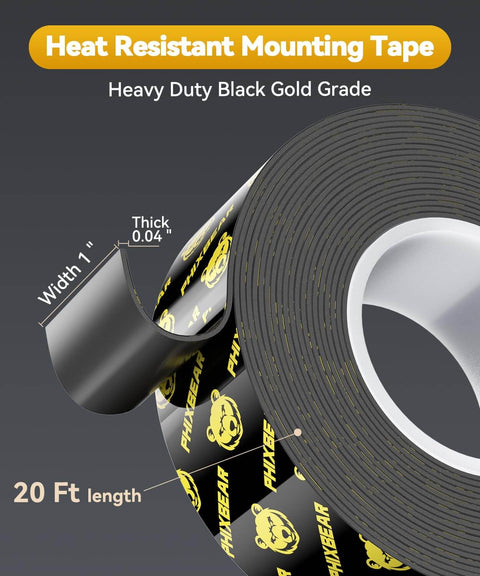 Heavy Duty Double Sided Tape Heat Resistant And Waterproof For Indoor Outdoor Use Automotive Mounting Foam Tape Removable No Residue With Mega Strong Adhesion 1 Inch By 20 Feet shown in roll with measurements and black color.