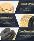 Close-up of 12 Pack Knurled Cabinet Knobs and Drawer Pulls in Black and Gold, Decorative Hardware showing solid metal alloy and diamond pattern.