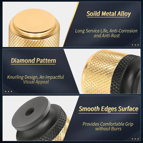 Close-up of 12 Pack Knurled Cabinet Knobs and Drawer Pulls in Black and Gold, Decorative Hardware showing solid metal alloy and diamond pattern.