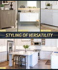 Versatile furniture with cabinet knobs in living room, shower room, bedroom, and kitchen settings.
