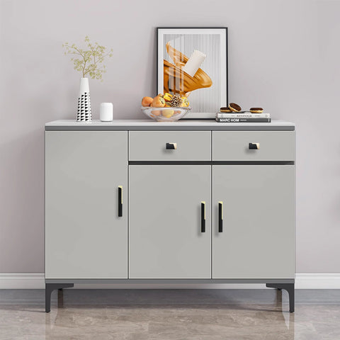 Gray cabinet with Six Pack Black and Gold Drawer Knobs 1.5 Inch Solid Zinc Cabinet Knobs, decorative items on top, modern room setting