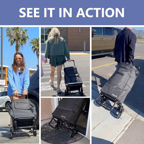 People using ✝️ 2 in 1 Grocery Cart on Wheels for Stairs, 60L/300LBS Shopping Carts for Groceries in various locations