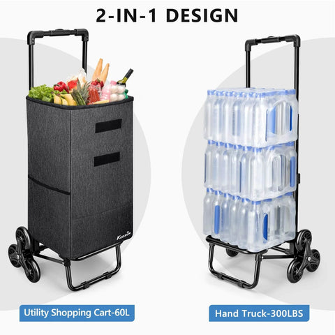 2 in 1 Grocery Cart on Wheels for Stairs, 60L/300LBS Shopping Carts for Groceries, Stair Climbing Cart with removable bag, black