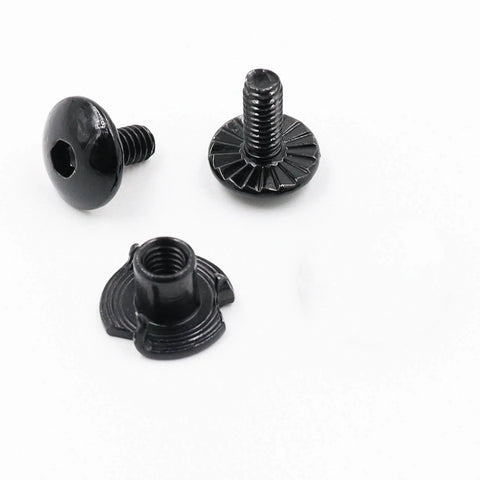 Close-up of 12 Sets Black Gun Holster Screws and Anti-Slip 3 Prong T Nuts Kit for Safariland QLS System 8-32 UNC X 5/16 and 3/8.