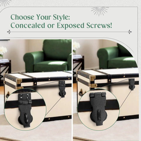 Black wrought iron hasp door latch installed on a chest, showing concealed and exposed screw options in a living room setting.