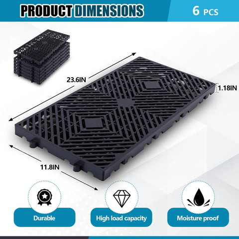 Six Pack Lightweight Plastic Pallets 23.6 X 11.8 X 1.18 Inches Moisture Proof Waterproof Floor Pallets With Breathable Grid Ventilation For Garage Kitchen Basement Attic Storage, shown in stack with dimensions.