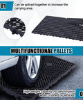 Car driving over black Six Pack Lightweight Plastic Pallets 23.6 X 11.8 X 1.18 Inches Moisture Proof Waterproof Floor Pallets