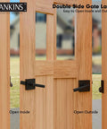 Beefy Black Heavy Duty Double Sided Gate Latch for Wooden Fence shown on a light wooden gate, demonstrating inside and outside operation.
