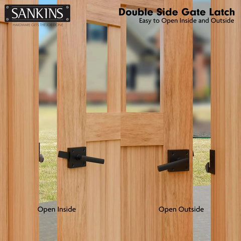 Beefy Black Heavy Duty Double Sided Gate Latch for Wooden Fence shown on a light wooden gate, demonstrating inside and outside operation.