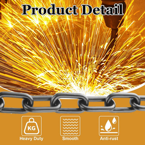 "✝️ 1/5'' x 26.2Ft Long Black Chain Link Heavy Duty Porch Swing Chain, Carbon Steel Coil Chain for Hanging, Pet Chain, Fence, Security Lock Chain in product detail with sparks background"