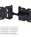 Black self closing gate hardware hinges heavy duty with measurements for wooden, vinyl, PVC fences, including installation screws.