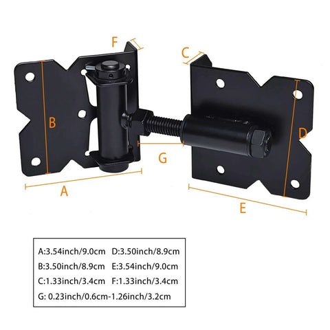 Black self closing gate hardware hinges heavy duty with measurements for wooden, vinyl, PVC fences, including installation screws.