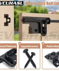 Heavy Duty Slide Bolt Gate Latch With Padlock Hole Bidirectional Door Lock Hardware in black finish, installed on wooden gate