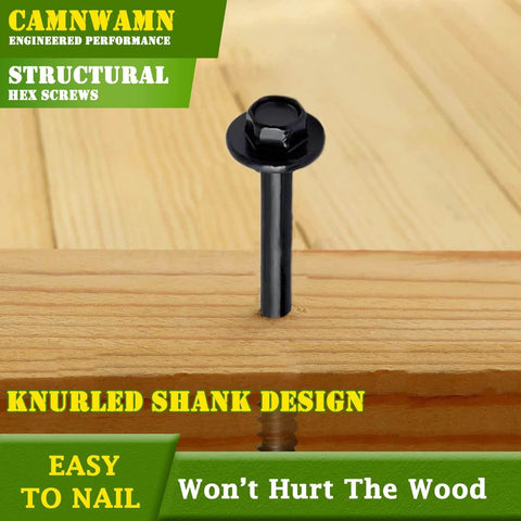 50pcs #14 x 4 Inch Heavy Duty Wood Structural Screws, Black Hex Head Timber Screws, shown installed in wood surface