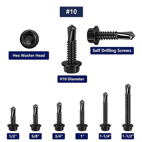 100pcs #10 x 3/4 Inch Hex Washer Head Self Drilling Screws made from 410 Stainless Steel with Black Oxide Finish for metal applications