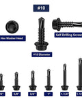 Different sizes of 100pcs 410 Stainless Steel #10x1-1/4 Hex Washer Head Self Drilling Screws, Black Oxide Self Tapping Tek Screws