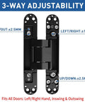 3-way adjustable Hidden Door Hinge Set Black 7 Inch 3D view with measurements shown, zinc alloy for secret and bookcase doors.