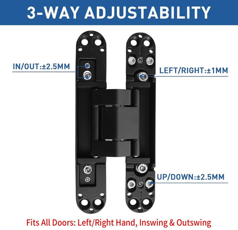 3-way adjustable Hidden Door Hinge Set Black 7 Inch 3D view with measurements shown, zinc alloy for secret and bookcase doors.