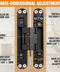 Invisible Door Slick Hidden Hinge Set Lipshome 7 Inch Concealed Hinges with 180 Degree Swing and 3-Way Adjustment Diagram