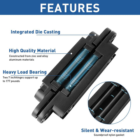 Features of Hidden Door Hinge Set Black 7 Inch 3 Way Adjustable Concealed Zinc Alloy Invisible Hinge for secret doors, close-up view