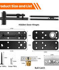 Dimensions and components of Premium Beefy Heavy Duty Hidden Door Pivot Hinge Kit for Secret Bookcase Doors in Black.